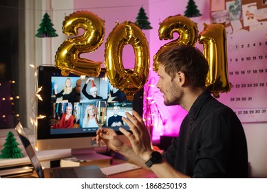 Christmas Holiday Eve In 2021. Parties During Quarantine. Office New Year Conference Party Online Meeting With Friends And Family.  Distance Celebration. Video Conferencing Happy Hour.