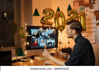 Christmas Holiday Eve In 2021. Parties During Quarantine. Office New Year Conference Party Online Meeting With Friends And Family.  Distance Celebration. Video Conferencing Happy Hour.