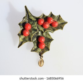 Christmas Holly Berry Three Leaves With Red Beads And Religious Medal Brooch