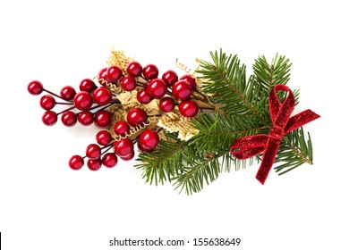 Christmas holly branch decoration isolated on white background.