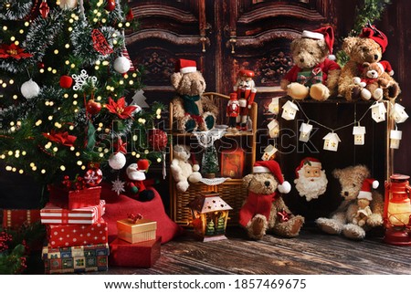 christmas home decoration with many teddy bears in vintage style,gift boxes, lanterns and  Christmas tree