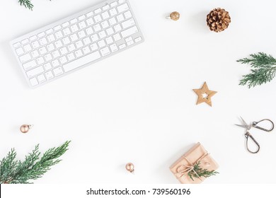 Christmas Home Office Desk With Computer, Pine Branches, Christmas Gift, Golden Decorations. Flat Lay, Top View, Copy Space