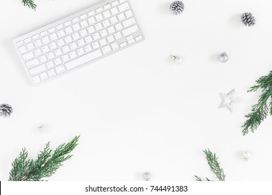 Christmas Home Office Desk With Computer, Pine Branches, Christmas Decorations. Flat Lay, Top View, Copy Space