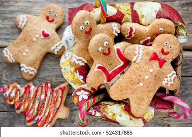 Christmas Homemade Gingerbread Cookies Decorated Colored Icing For New Year Day, Christmas, Winter Holiday Food