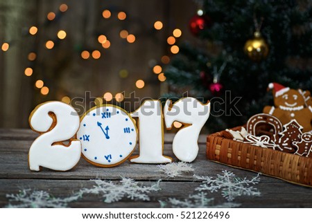 Christmas homemade gingerbread cookies on table, new year 2017