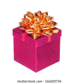 Christmas Hot Pink Gift Box With Gold Ribbon Bow, Isolated On White Background