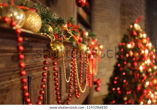 Christmas Interior Decoorated Wooden Fake Fireplace Stock Photo