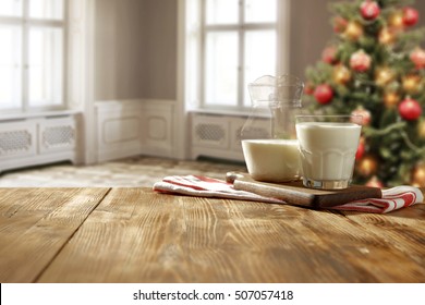 Christmas Interior And Milk On Wooden Table Place 