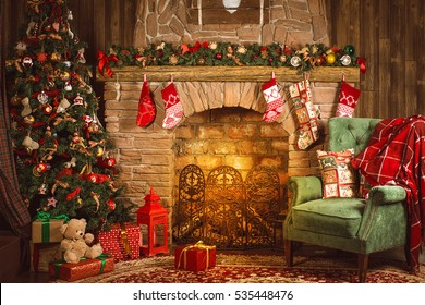 Christmas interior room fireplace, Christmas tree, green chair with a red blanket and gifts