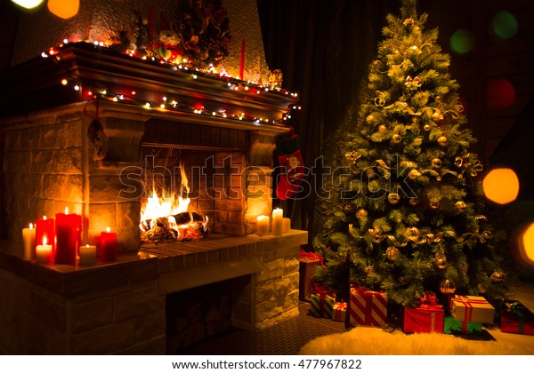 Christmas Interior Tree Presents Fireplace Stock Photo 477967822 ...