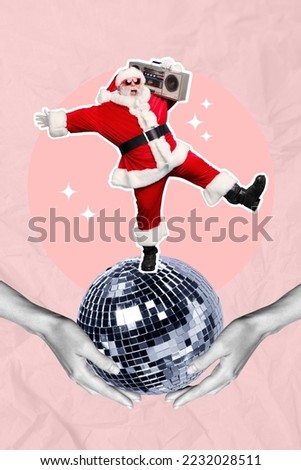 Christmas invitation collage of funky santa claus dancing rock disco ball listen boom box on pink color background