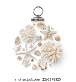 Christmas in July, at the beach, in the southern hemisphere concept with holiday ornament made of shells, starfish and corals isolated over a transparent background, flat lay, top view - Powered by Shutterstock