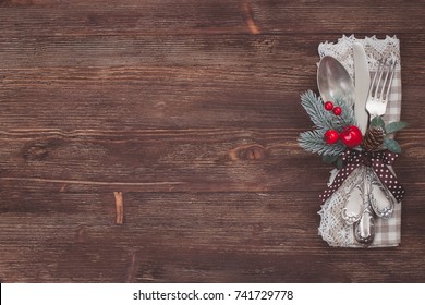 Christmas Kitchen Towel On The Wooden Background. 