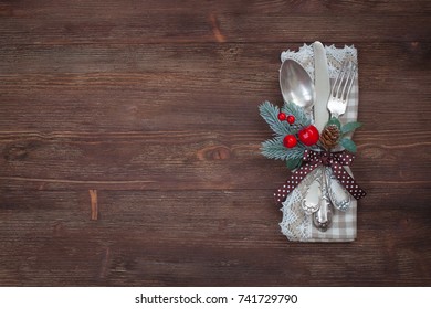 Christmas Kitchen Towel On The Wooden Background. 