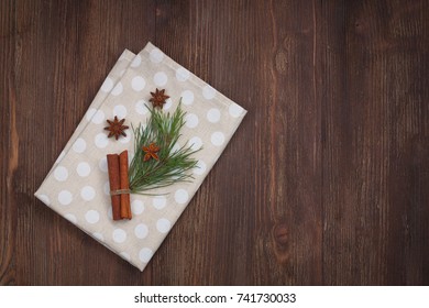 Christmas Kitchen Towel On The Wooden Background. 