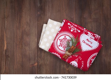 Christmas Kitchen Towel On The Wooden Background. 