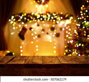 Christmas Kitchen Wood Table, Xmas Holiday Night Lights, Empty Wooden Desk