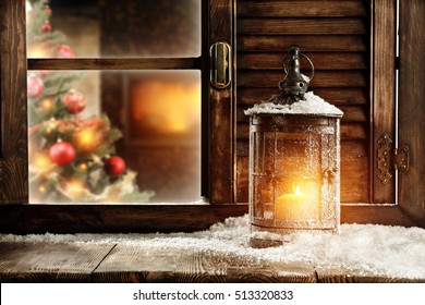 Christmas Lamp Of Fire And Winter Sill Background 