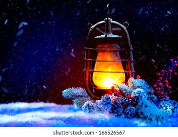 Christmas Lantern With Miracle. Magic Stars. Winter Holiday Scene. Beautiful Background With Snow. Burning Old Styled Lantern And Christmas Decoration In The Evening. New Year Art Design 