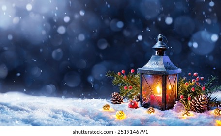 Christmas Lantern On Snow With Decorations In Abstract Cold Night - Powered by Shutterstock