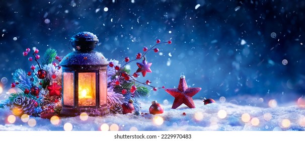 Christmas Lantern On Snow At Eve Night With Decorations And Ornaments - Candle Light With Snowfall And Abstract Defocused Lights  - Powered by Shutterstock
