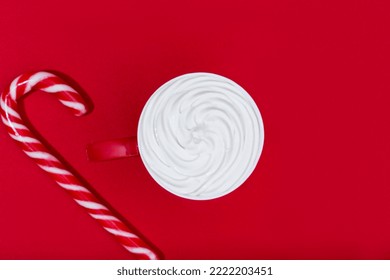 Christmas Latte In A Red Mug On A Red Background