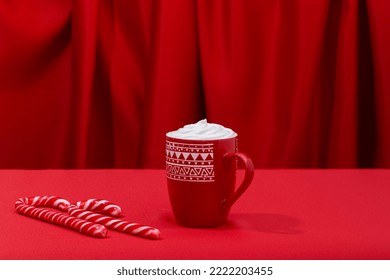 Christmas Latte In A Red Mug On A Red Background