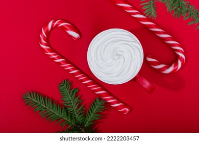 Christmas Latte In A Red Mug On A Red Background