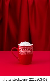 Christmas Latte In A Red Mug On A Red Background