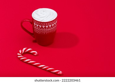 Christmas Latte In A Red Mug On A Red Background