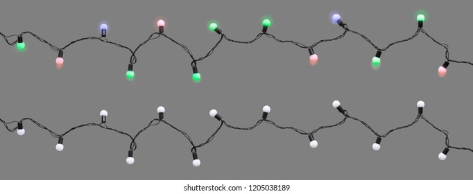 Christmas Led Light Bulbs Turned On & Off On String Isolated On Grey Background (Clipping Included) For Xmas, New Year Or Special Events Celebration (tree Decorative Ornament Concept)