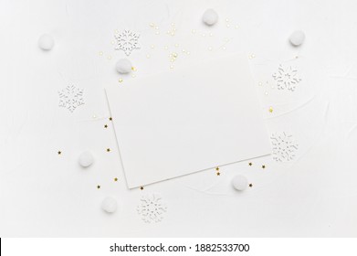 Christmas Letter Mockup Of Snowflakes And Golden Stars On White Background. Winter Holiday Concept. Flat Lay Top View With Place For Your Text