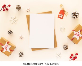 Christmas Letter For Santa Mockup With Empty Post Card And Xmas Decorations On White Table