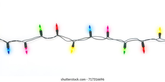 Christmas Light Bulbs On String In Multi Colours; Blue, Yellow, Red, Pink And Green On White Background For Xmas, New Year Or Special Event Celebration (tree Ornament Concept)