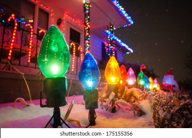 Christmas lights adorn a house in Omaha, Nebraska.