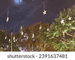 Christmas lights among trees and lit up buildings on a beautiful night