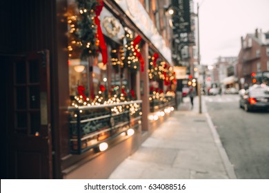 Christmas Lights, Christmas Decorations On The Street. Blurred Background City Street With Christmas Illuminations. Copy Space For Your Text