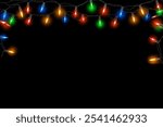 Christmas lights string, Border of festive colorful holiday light string isolated on black. overlay or screen effect use for design wallpaper of merry christmas and new year holiday.