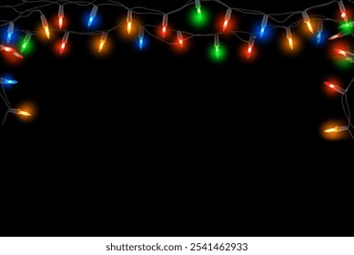 Christmas lights string, Border of festive colorful holiday light string isolated on black. overlay or screen effect use for design wallpaper of merry christmas and new year holiday. - Powered by Shutterstock