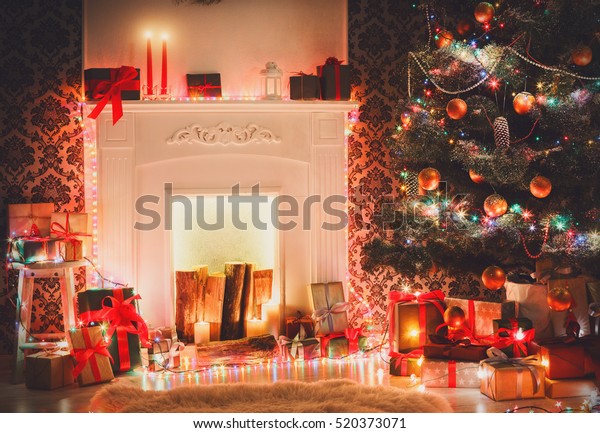 Christmas Living Room Decorations Fireplace Closeup Royalty Free