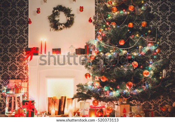 Christmas Living Room Decorations Fireplace Closeup Stock Photo