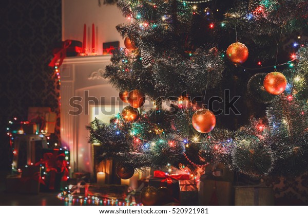 Christmas Living Room Decorations Fireplace Closeup Stock Photo