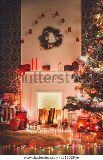 Christmas Living Room Decorations Fireplace Closeup Royalty Free