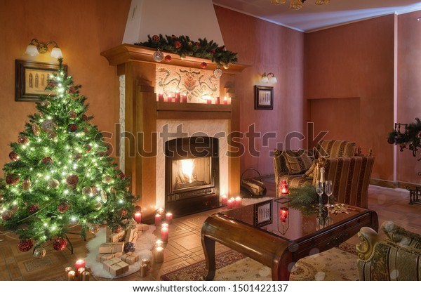 Christmas Living Room Interior Fireplace Armchairs Stock Photo