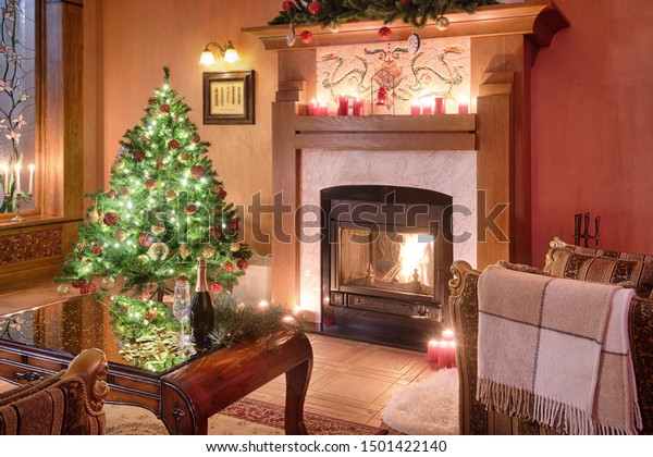 Christmas Living Room Interior Fireplace Armchairs Stock Photo