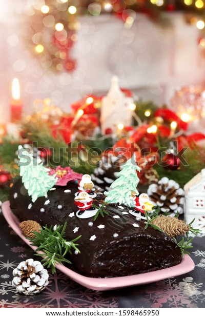 Christmas Log Traditional French Christmas Dessert Stock Photo