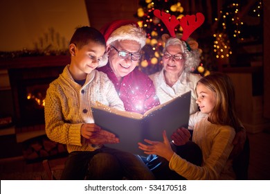 Christmas Magic Book And Happy Family
