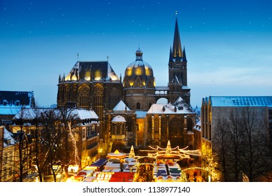 Christmas Market "Aachener Weihnachtsmarkt" in Aachen, Germany at night