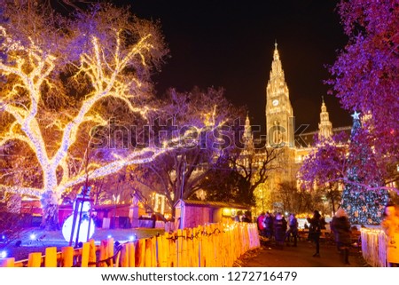 The Christmas market in front of the Rathaus City hall of Vienna, Austria.