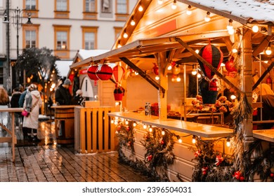 Christmas market, New Year lights, decorated shops, houses for trade, New Year in Europe, Xmas Krakow, Cracow, copy space, close up - Powered by Shutterstock